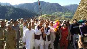 MLA Ramnagar, R S Pathania flagging off Kailash Kund Yatra at Dudu on Wednesday.