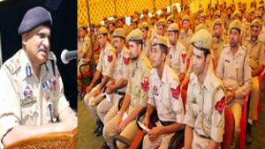 DGP K Rajendra addressing police durbar at District Police Lines at Srinagar on Wednesday. 