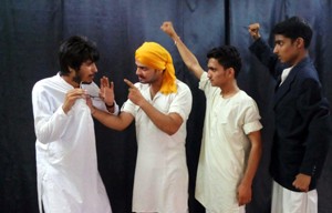 A scene from the play ‘Desh De Veera Dian Yaada’ staged by Nat Manch at Jammu on Tuesday.