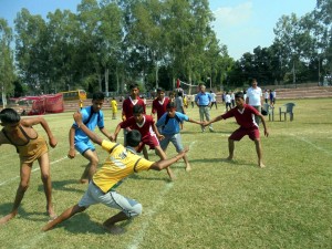 Players in action during a Kabaddi match at Reasi on Saturday.