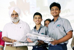 Winners of Quiz competition being felicitated at Heritage School in Jammu on Tuesday.
