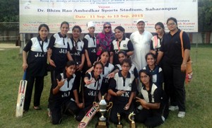 Jubilant J&K Women Tennis Ball Cricket team posing for a group photograph after winning 23rd Federation Cup at Saharanpur in Uttar Pradesh.