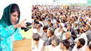 PDP president Mehbooba Mufti addressing party workers convention at Pulwama.  —Excelsior/Younis Khaliq