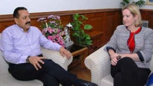 British Minister for Energy and Climate Change, Amber Rudd calling on Union Minister Dr Jitendra Singh at New Delhi on Tuesday.