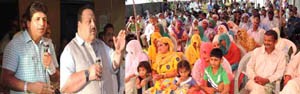 Provincial President National Conference Devender Singh Rana and MLC Bashir Ahmed Veeri addressing NC workers at Patyar Nagrota on Thursday.