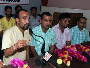 Leaders of ReT Forum addressing a press conference at Jammu on Sunday. - Excelsior/Rakesh