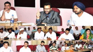 Minister for Revenue, Javaid Mustafa Mir addressing delegates from 20 blocks of Jammu district on Tuesday. 