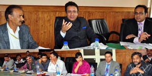 Minister for CAPD, Chowdhary Zulfkar Ali chairing a meeting at Srinagar on Wednesday.