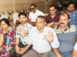 Leaders of Clerical Staff Association addressing a press conference at Jammu on Monday. —Excelsior/Rakesh