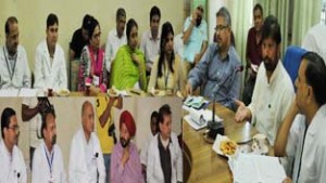 Minister for Health, Ch Lal Singh chairing a meeting at Jammu on Saturday.