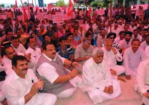 NC leaders during dharna on Thursday.