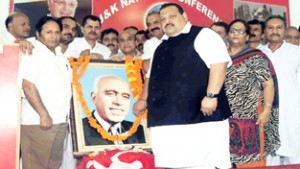 Provincial President NC, Devender Singh Rana and party workers paying tributes to former Chief Minister Sheikh Mohd Abdullah on his death anniversary.