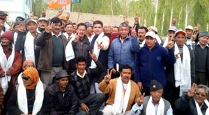 MLA Ravinder Raina during election rally in Leh on Thursday.