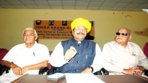 Former Minister and president, Dogra Sadar Sabha, Gulchain Singh Charak, addressing a press conference at Jammu on Tuesday.