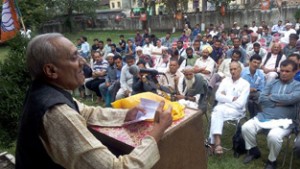 Kuldeep Raj Gupta addressing a gathering at Kotranka on Tuesday.
