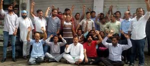 NPP activists staging protest in Jammu on Wednesday.