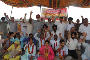 Members of Para Military Force Welfare Association raising slogans for OROP during hunger strike at Jammu on Saturday. 