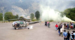 An IAF helicopter airlifting the people injured in a LPG cylinder blast at Bhaderwah on Tuesday.  						   —Excelsior/Tilak Raj