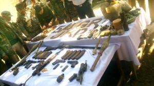 Large quantity of arms, ammunition and explosives recovered in Sabjian, Poonch on Friday.— Excelsior/Harbhajan