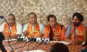 Shiv Sena leaders addressing a press conference at Jammu on Thursday. -Excelsior/Rakesh