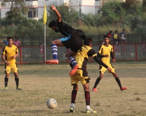 Players in action during a football match at GGM Science College Football ground in Jammu on Sunday. -Excelsior/Rakesh