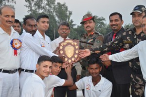 Athletes being felicitated during concluding ceremony of 39th Annual Athletic Meet at Sainik School, Nagrota on Sunday.