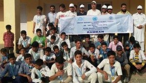 Winners posing alongwith dignitaries during a Gandhi-Mandela cricket match at Ramban.