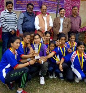Winners of Girls Cricket Tournament posing alongwith chief guest, DK Manyal, MLA Samba and other dignitaries on Monday.
