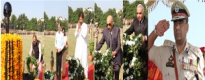 Dy CM Dr Nirmal Singh, Speaker Legislative Assembly Kavinder Gupta, Health Minister Choudhary Lal Singh, Retd DGP MM Khajuria, Retd DGP Ashok Bhan and IGP Jammu Zone Danish Rana paying tributes to martyrs on 56th National Police Day at Gulshan Ground, Jammu on Wednesday.