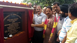 Speaker Kavinder Gupta laying foundation of road at Gangyal on Friday.