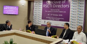 Chairman and CEO J&K Bank, Mushtaq Ahmed chairing the inaugural function of “Two-day Conclave of RSETI Directors” at Srinagar on Friday.