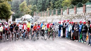 Cyclists sweating-it-out during Khyber 13th Tour de Kashmir cycling expedition at verinag in Anantnag.