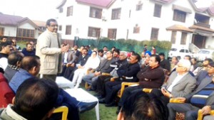 BJP national general secretary Ram Madhav addressing party meeting at Srinagar on Saturday.