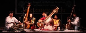 Dr Padmini Tikoo playing Sitar during classical music programme at Parade College in Jammu on Thursday.