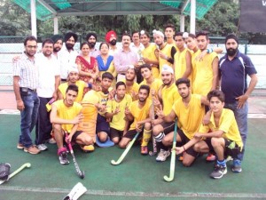 Winners of Inter-District Under-19 Boys Hockey Tournament posing for a group photograph alongwith ZPEO Veer Ji Bhat and other dignitaries in Jammu on Saturday.
