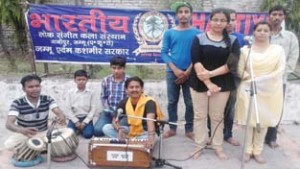 Members of BLSKS presenting musical play at Jammu on Saturday.