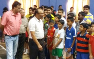 ADGP Dilbag Singh and IGP Jammu Danesh Rana interacting with players while inaugurating Badminton Championship in Jammu.