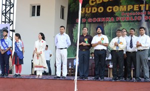 Chief guest, Simrandeep Singh, DDC Jammu and other dignitaries during inaugural function of North Zone Judo CBSE Cluster at GD Goenka Public School  in Jammu.