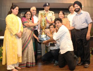 Govt MAM Colelge, Jammu receiving trophy for winning 14th Veeranna Aivalli Memorial Debate Competition in Jammu on Friday.