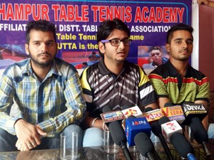 Members of Udhampur Table Tennis Academy addressing media persons in Udhampur on Sunday.