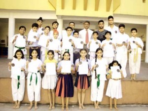 Karatekas of GD Goenka posing for a group photograph after their selection in 6th International Karate Championship.