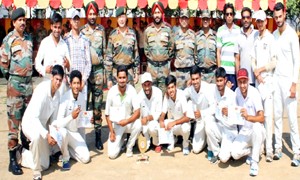 Winners of Jagruk Hindustani Premier Cricket League posing for a group photograph at Damana Military Station in Jammu.