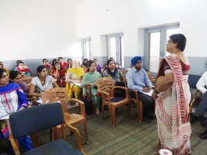 Teachers keenly listening to resource person during a Workshop organized by DPS, Jammu on Saturday.