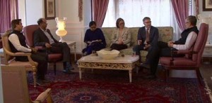 Former Chief Minister Omar Abdullah interacting with a delegation from Canadian High Commission at Srinagar on Wednesday.