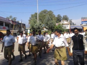 RSS volunteers taking out ‘Path Sanchalan’ at Udhampur on Thursday.