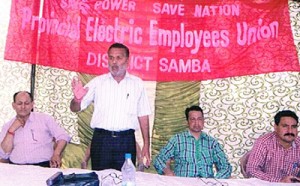 President, PEEU, PC Sharma addressing a meeting of the union at its headquarters in Samba.