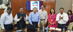 Union Minister Dr Jitendra Singh, flanked by Union Secretary ARPG&P Devendra Choudhary, Union Secretary DoPT Sanjay Kothari and other senior officers, launching new Mobile App for public grievances at North Block, New Delhi on Wednesday.