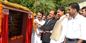 Minister for Rural Development and Panchayati Raj Abdul Haq Khan laying foundation stone of bridge under Project Rahat in Udhampur district on Friday. 