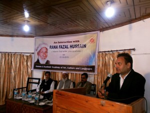 Veteran Gojri writer from PoK Rana Fazal Hussain speaking in an interaction programme at Srinagar.