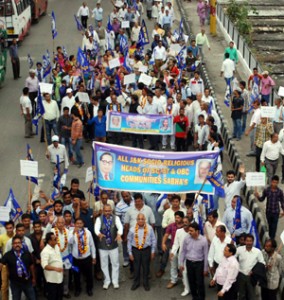 BSP leaders and workers during pro-reservation rally at Jammu on Monday.  -Excelsior/Rakesh